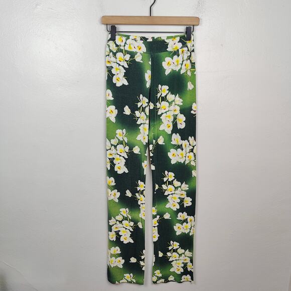 Samantha Sung Pants Womens 2 Pull On Green Blue‎ Floral Print Jersey Straight - Picture 1 of 7